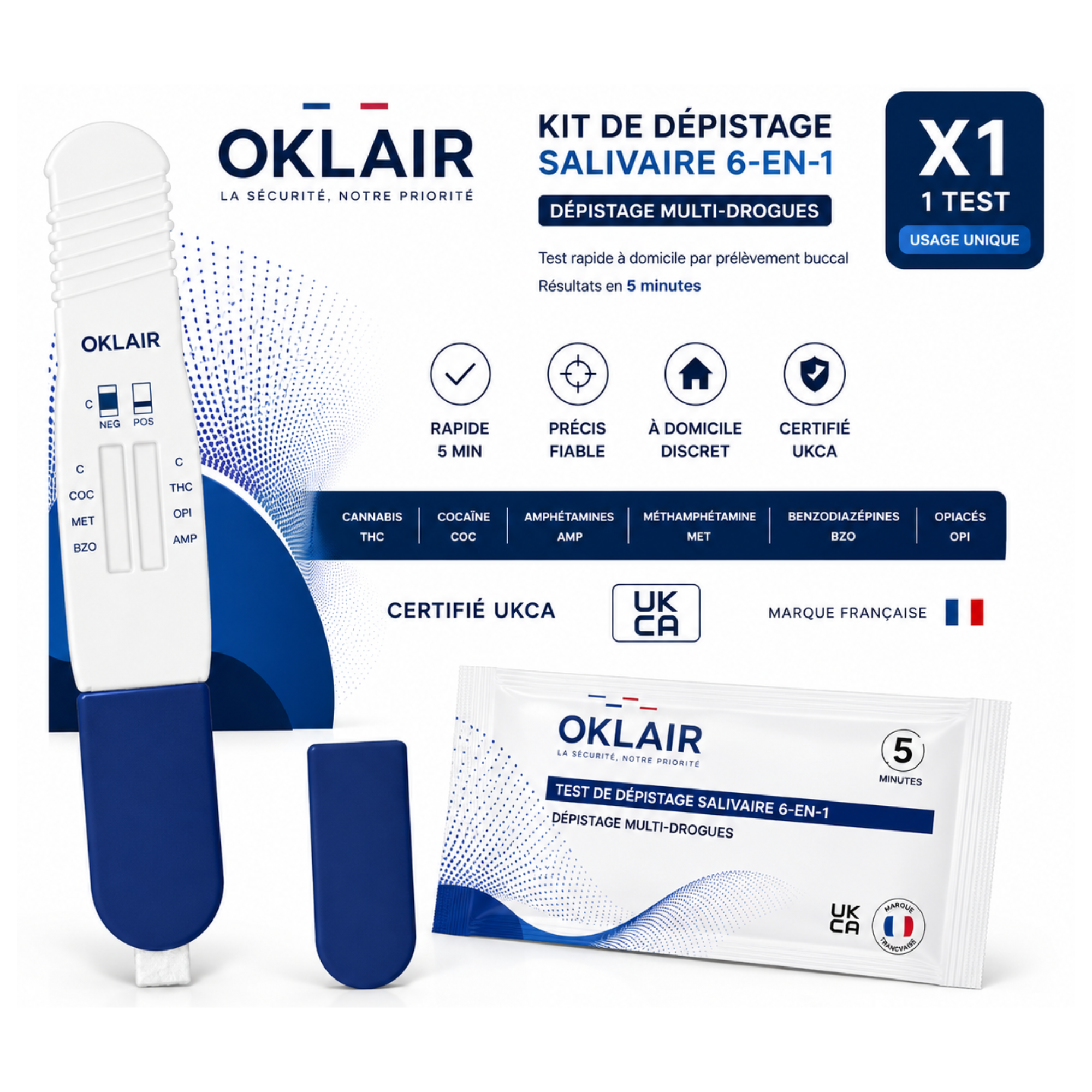 Kit de dépistage salivaire 6-en-1 OKLAIR — packaging et stick de test